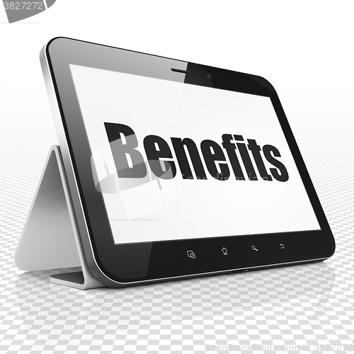 Image of Business concept: Tablet Computer with Benefits on display