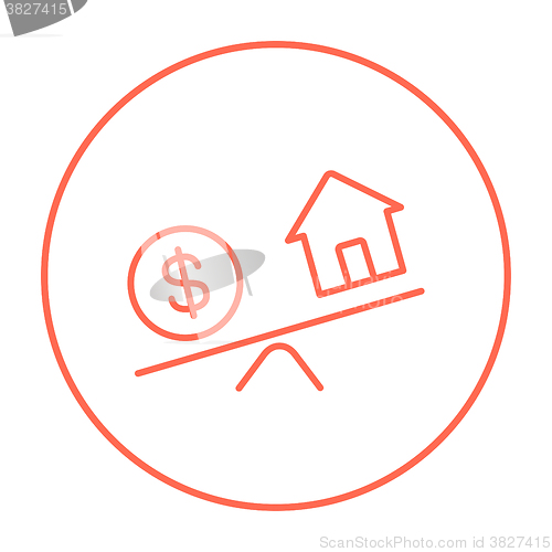 Image of House and dollar symbol on scales line icon.