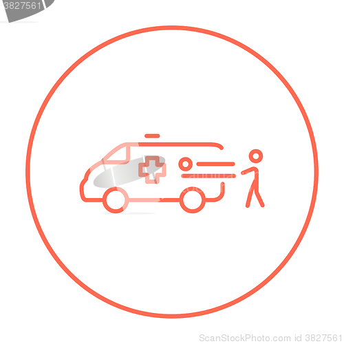 Image of Man with patient and ambulance car line icon.