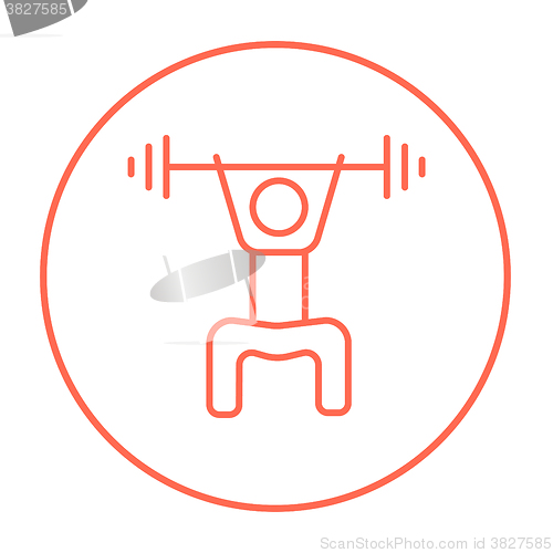 Image of Man exercising with barbell line icon.