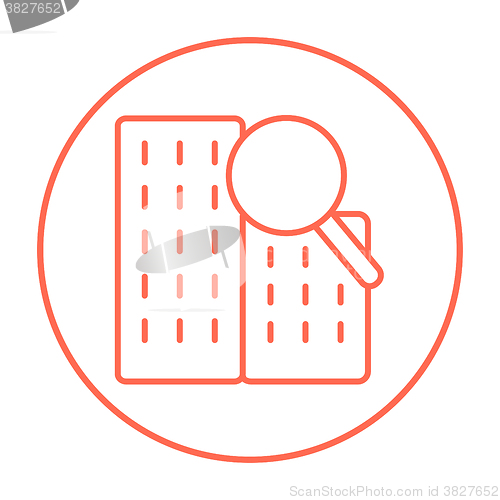 Image of Condominium and magnifying glass line icon.