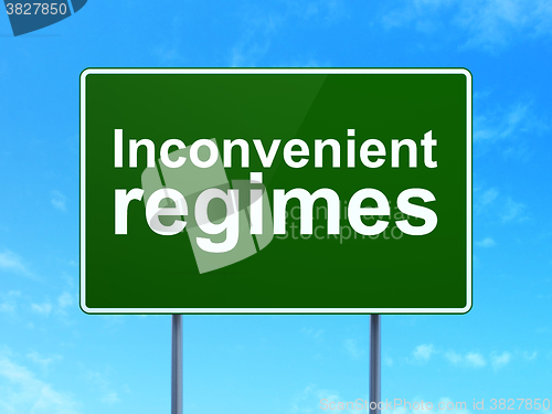 Image of Political concept: Inconvenient Regimes on road sign background