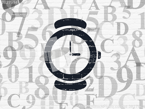 Image of Timeline concept: Hand Watch on wall background