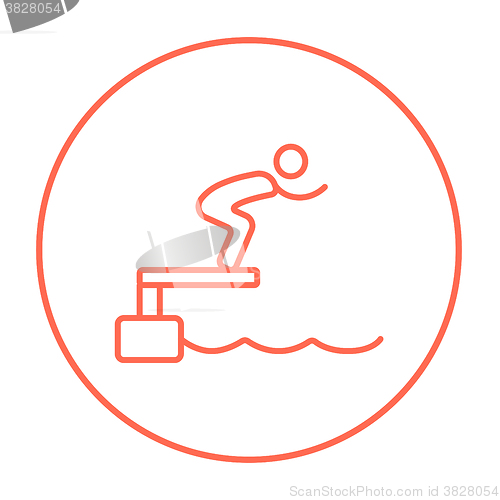 Image of Swimmer jumping from starting block in pool line icon.