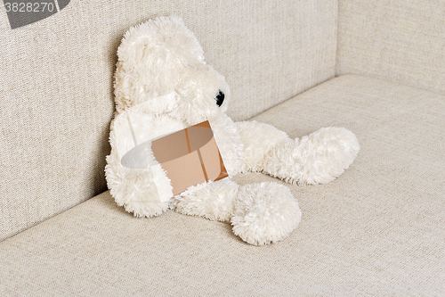 Image of Teddy bear is sitting on the sofa