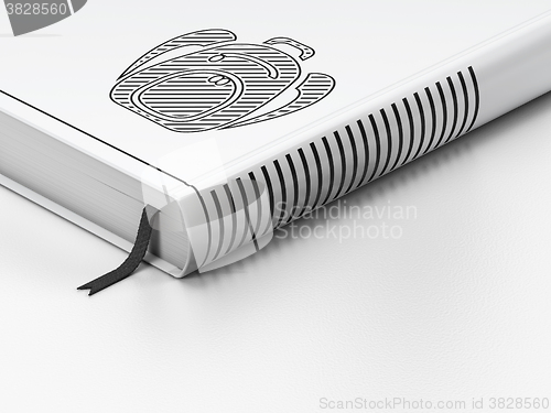 Image of Vacation concept: closed book, Backpack on white background