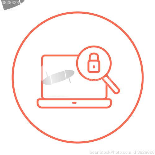 Image of Laptop and magnifying glass line icon.
