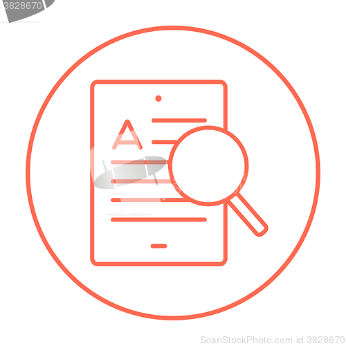 Image of Tablet and magnifying glass line icon.