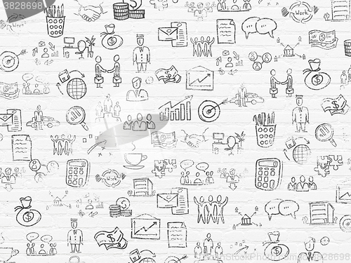 Image of Grunge background: White Brick wall texture with Painted Hand Drawn Business Icons