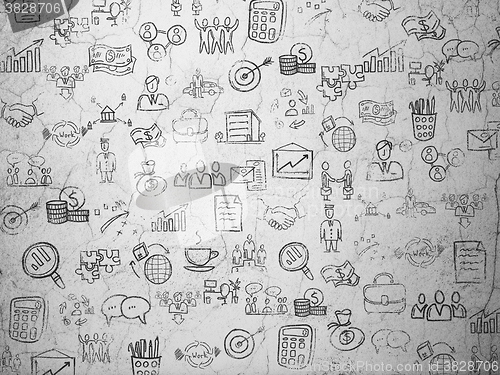 Image of Grunge background:  wall texture with Painted Hand Drawn Business Icons