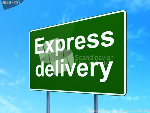Image of Finance concept: Express Delivery on road sign background