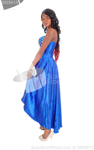 Image of African American woman in blue dress in profile.