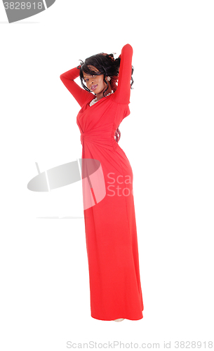 Image of African American woman red long dress.