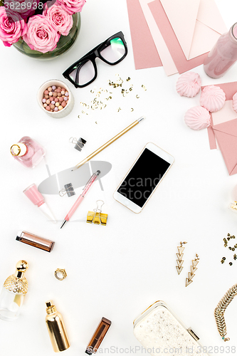 Image of Still life of fashion woman, objects on white