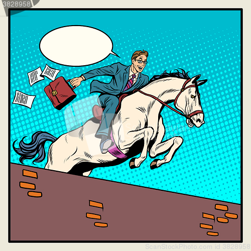 Image of Businessman horseman on horse jumps over barrier