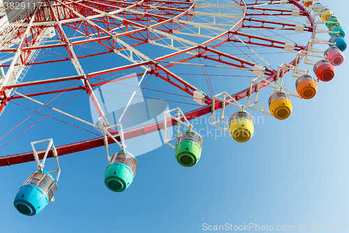 Image of Ferris wheel with blue sky