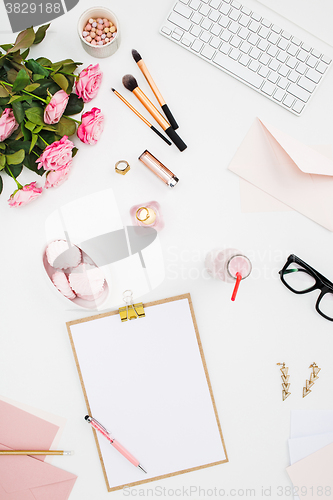 Image of Still life of fashion woman, objects on white