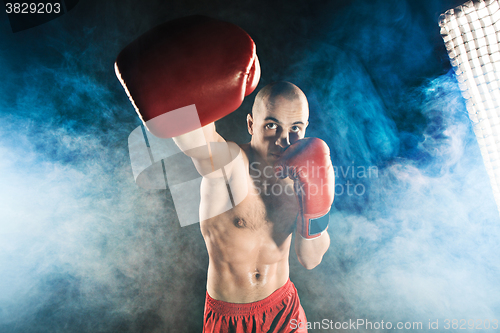 Image of The young man kickboxing in blue smoke