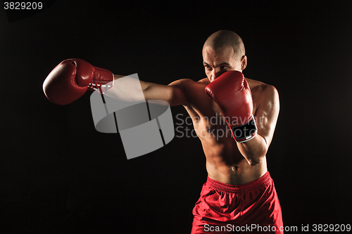 Image of The young man kickboxing on black