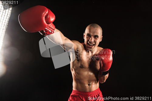 Image of The young man kickboxing on black