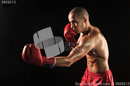 Image of The young man kickboxing on black