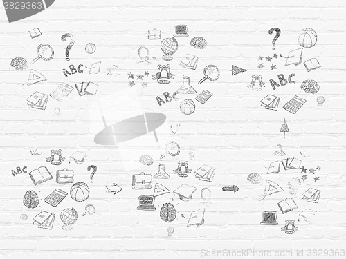 Image of Grunge background: White Brick wall texture with Painted Hand Drawn Education Icons