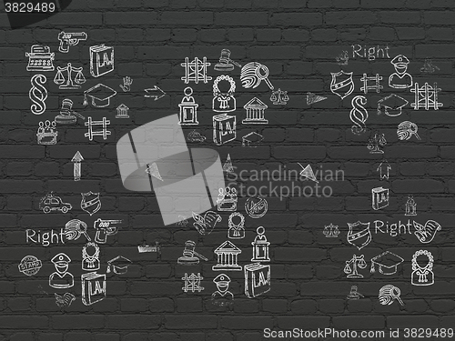 Image of Grunge background: Black Brick wall texture with Painted Hand Drawn Law Icons