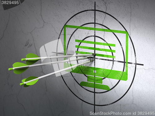 Image of Web design concept: arrows in Monitor target on wall background