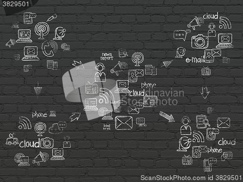 Image of Grunge background: Black Brick wall texture with Painted Hand Drawn News Icons