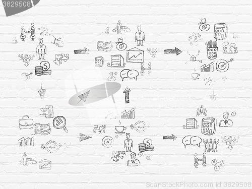 Image of Grunge background: White Brick wall texture with Painted Hand Drawn Business Icons