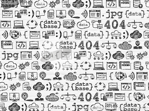 Image of Grunge background: White Brick wall texture with  Hand Drawn Programming Icons