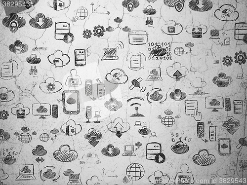 Image of Grunge background:  wall texture with Painted Hand Drawn Cloud Technology Icons