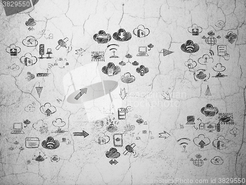 Image of Grunge background:  wall texture with Painted Hand Drawn Cloud Technology Icons