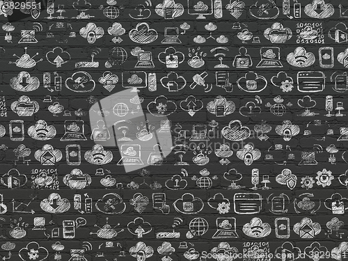 Image of Grunge background: Black Brick wall texture with Painted Hand Drawn Cloud Technology Icons