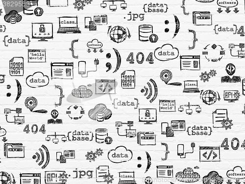 Image of Grunge background: White Brick wall texture with  Hand Drawn Programming Icons