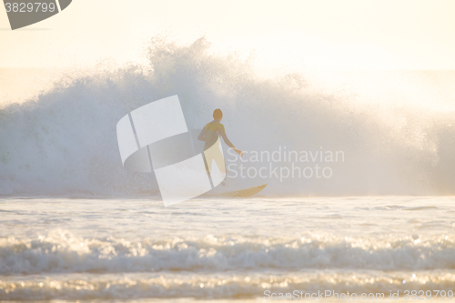 Image of Surfer riding a big wave.