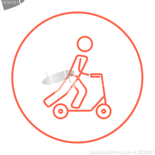 Image of Man riding kick scooter line icon.