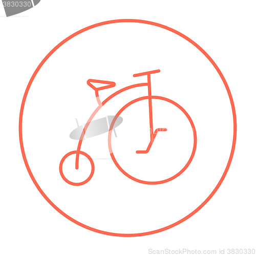 Image of Old bicycle with big wheel line icon.