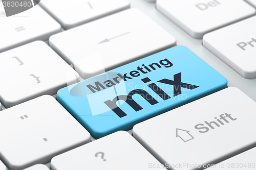 Image of Advertising concept: Marketing Mix on computer keyboard background