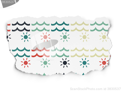 Image of Tourism concept: Beach icons on Torn Paper background