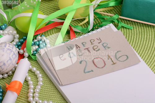 Image of Easter eggs and invitation note. happy easter