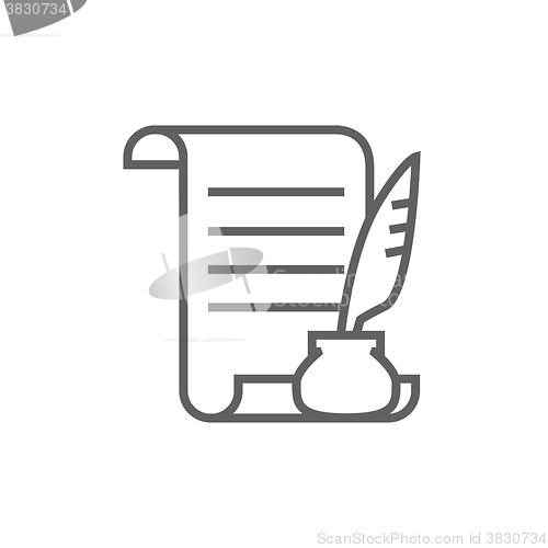 Image of Paper scroll with feather pen line icon.