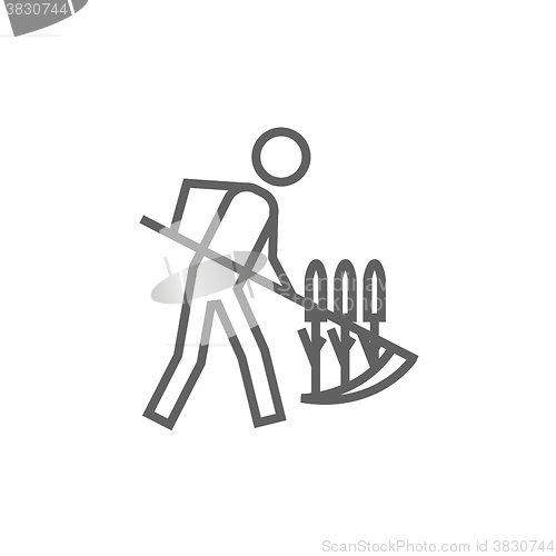 Image of Man mowing grass with scythe line icon.