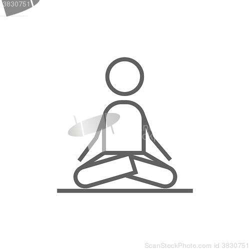 Image of Man meditating in lotus pose line icon.