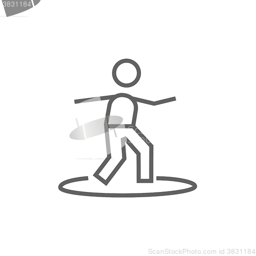 Image of Male surfer riding on surfboard line icon.