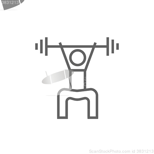 Image of Man exercising with barbell line icon.