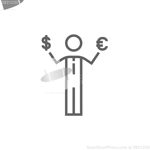 Image of Businessman holding Euro and US dollar line icon.