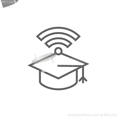 Image of Graduation cap with wi-fi sign line icon.