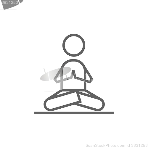 Image of Man meditating in lotus pose line icon.
