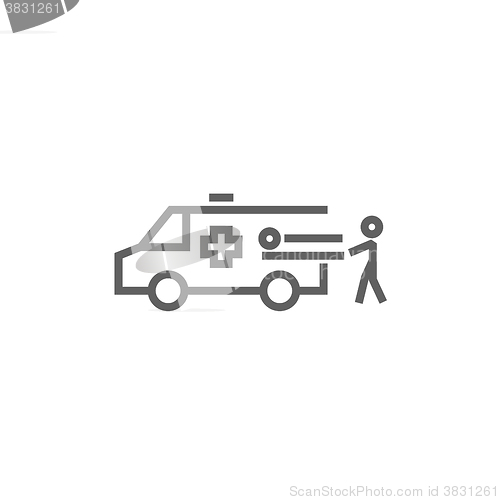 Image of Man with patient and ambulance car line icon.